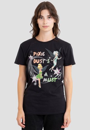 Black cotton t-shirt featuring colorful graphics of two fairies and the text "PIXIE DUST'S A MUST" with stars and sparkles.