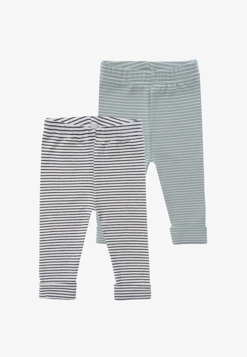Gestreifte Hosenanzug; eine in Marineblau und Weiß, die andere in Hellgrün und Weiß. Weicher Stoff, elastischer Bund und Knöchelbündchen.