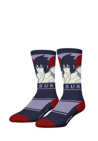 Chaussettes multicolores avec un design bleu foncé et violet mettant en avant un personnage d'anime, des accents rouges et le texte "SUK." Le matériau semble doux.