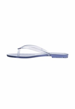 Przezroczysty fioletowy japonki z cienkim paskiem i teksturowaną wkładką, wyposażone w płaską podeszwę i zaokrąglony nosek. Lekka konstrukcja przeznaczona do codziennego noszenia.