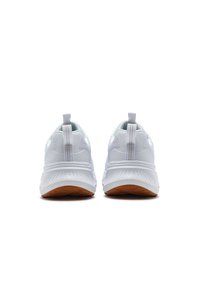White athletic shoes with a textured mesh upper, sturdy rubber soles, and pull tabs on the heels for easy wearing.