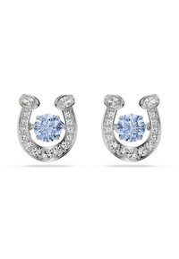 Silver horseshoe-shaped earrings feature blue gemstones at the center, surrounded by smaller clear stones, with a polished, reflective finish.