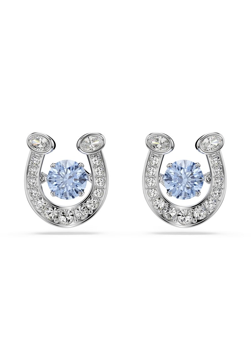 Silver horseshoe-shaped earrings feature blue gemstones at the center, surrounded by smaller clear stones, with a polished, reflective finish.