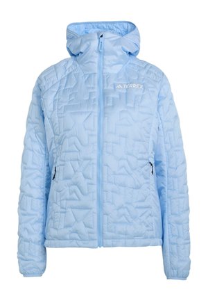 Hellblaue, isolierte Jacke mit gesteppter Musterung, durchgehendem Reißverschluss und Kapuze. Verfügt über zwei Seitentaschen mit schwarzen Reißverschlüssen und Logo auf der Brust.