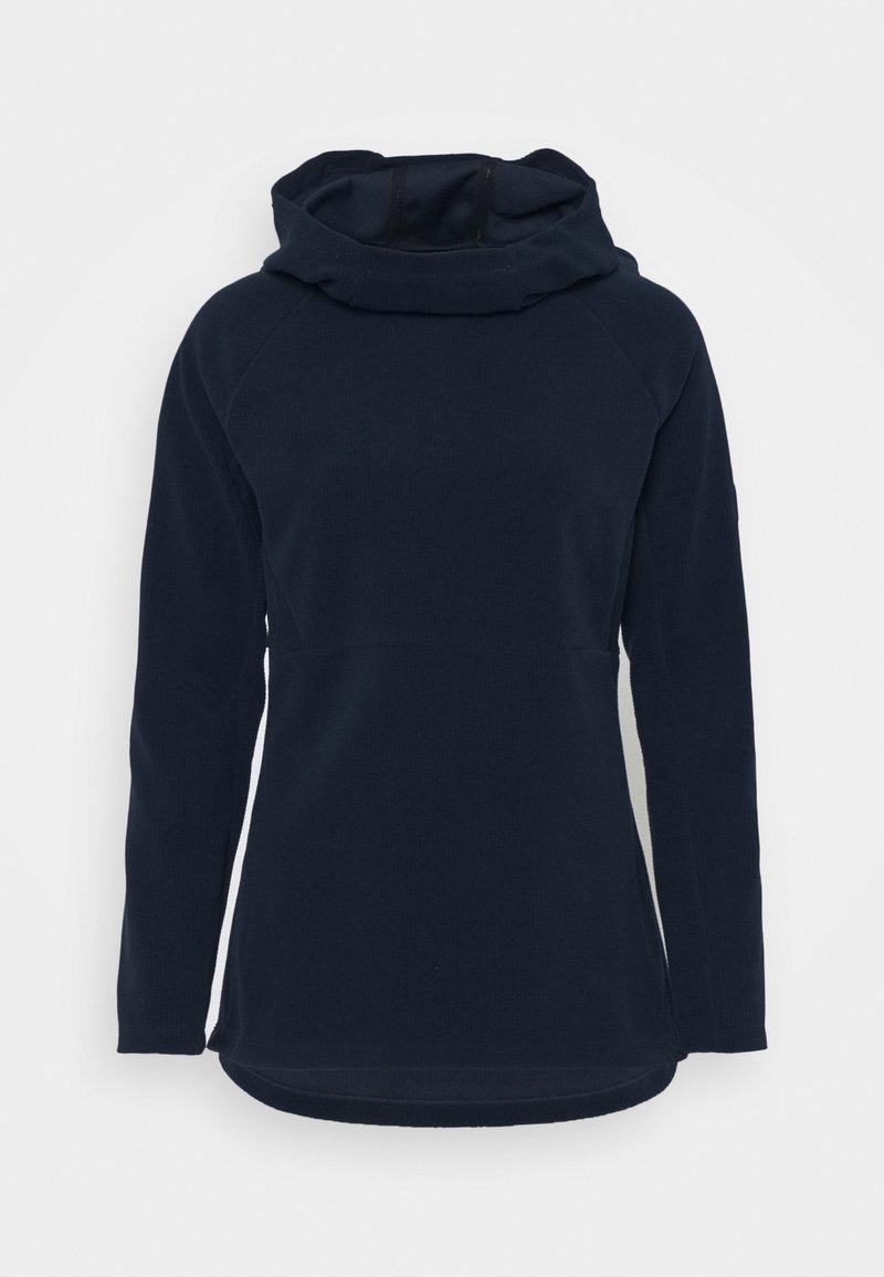 Pull-over en polaire bleu marine à manches longues avec un large col châle plié et un ourlet légèrement arrondi.