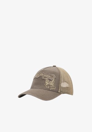 Casquette trucker en mesh marron et beige avec un crâne brodé et l'inscription « Ed Hardy » sur le panneau avant.