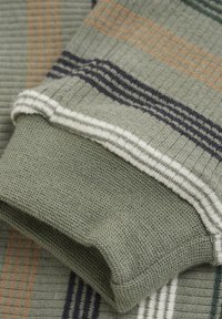 Gebreide pullover in olijfgroen met ribbelstructuur. Heeft gestreepte accenten in marineblauw en beige bij de mouwen en het lichaam.