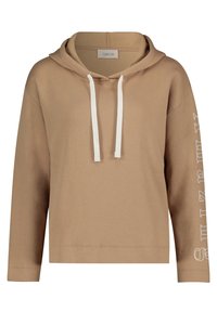 Brun huvtröja i mjukt tyg med avslappnad passform, vita snören och vit text på vänster ärm.