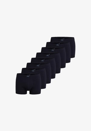 Zwarte katoenen boxershorts, met een elastische tailleband, klassieke snit en zonder zichtbare patronen. Negen paar gerangschikt in een rij.