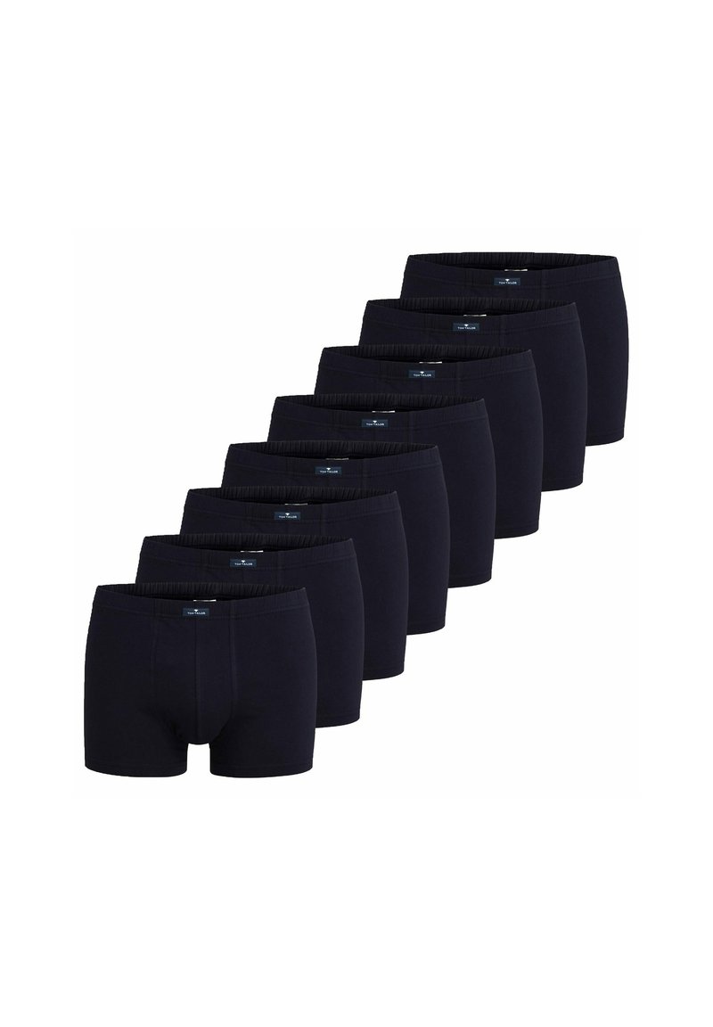 Zwarte katoenen boxershorts, met een elastische tailleband, klassieke snit en zonder zichtbare patronen. Negen paar gerangschikt in een rij.