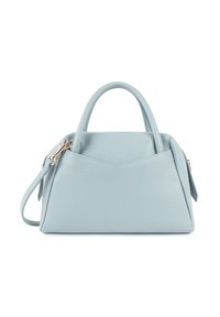 Borsa a mano in pelle blu chiaro con due manici arrotondati, una tracolla rimovibile e una forma triangolare strutturata. Superficie texturizzata con dettagli hardware dorati.