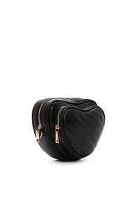 Borsa nera a forma di cuore con texture trapuntata, doppie chiusure a zip, dettagli in metallo dorato e materiale in similpelle liscia.
