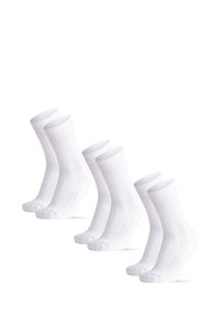 Cuatro pares de calcetines de algodón blanco con textura acanalada, diseño de longitud media y refuerzo en los talones y puntas. Apariencia sencilla y uniforme.