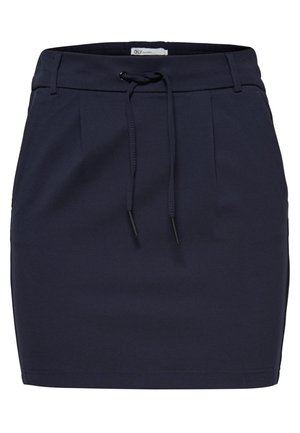 Mini-jupe bleu marine en tissu léger, dotée d'une taille à cordon de serrage, de plis et d'une texture lisse.