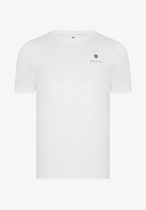 Valkoinen lyhythihainen t-paita pehmeästä kankaasta, jossa on pieni musta logo vasemmassa rinta-alueessa. Pyöreä kaula-aukko ja yksinkertainen muotoilu.