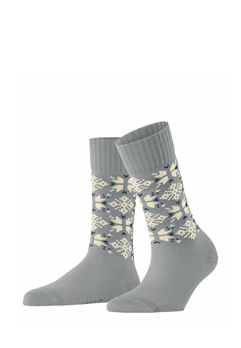 Calze grigie con polsini a coste e un motivo geometrico color crema. Realizzate in materiale morbido, presentano una punta e un tallone rinforzati per una maggiore durata.