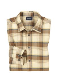 Beige- und braun kariertes Langarmhemd mit Knopfleiste, gefaltet mit sichtbarem Kragen und Manschettenknöpfen, beschriftet mit "modein fn."