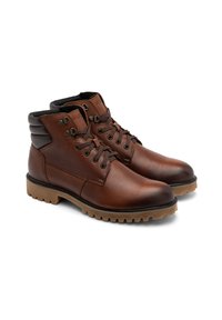 Botine din piele maro, cu o finisare texturată, design cu șireturi și guler căptușit. Talpă groasă din cauciuc, axată pe tracțiune, cu o nuanță maronie.