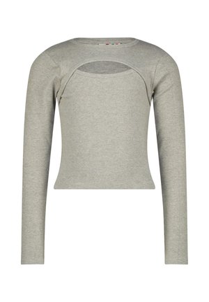 Grå ribbestrikket langermet topp med rund hals og utskjæring ved brystet, laget av et mykt, stretchy stoff.