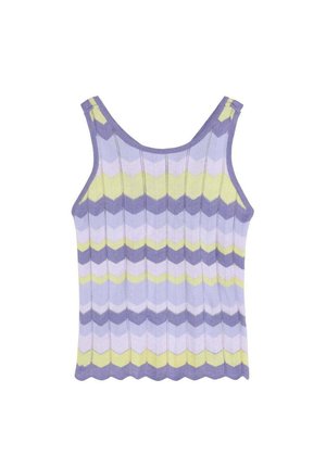 Camiseta de tirantes de punto sin mangas con rayas en zigzag en tonos púrpura, lila claro y amarillo pálido, con bordes festoneados en el dobladillo y las tiras.