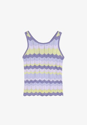 Camiseta de tirantes de punto sin mangas con rayas en zigzag en tonos púrpura, lila claro y amarillo pálido, con bordes festoneados en el dobladillo y las tiras.