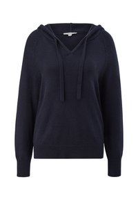 Sweat à capuche tricoté bleu marine foncé à manches longues avec ourlet et poignets côtelés, col en V et cordons à la capuche, étiquette taille 36 à l’intérieur.