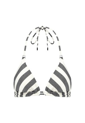 Gestreifter Bikini-Oberteil mit schwarz-weißen horizontalen Streifen, weicher Textur, Bindebändern am Hals und Rücken sowie gerafften Details am unteren Ende.