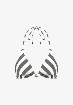 Pruhovaný bikiny top s černobílými vodorovnými pruhy, měkkou texturou, uvazováním na krku a na zádech, s nařasenými detaily ve spodní části.