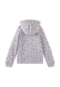 Šedá mikina s kapucí s opakujícím se vzorem ovoce, včetně jahod a melounů, se žebrovanými manžetami a lemem.