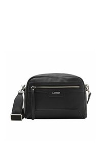 Bolso cruzado de cuero negro con acabado texturizado, herrajes plateados, bolsillo con cremallera en la parte frontal, correa ajustable y logo de L.CREDI.