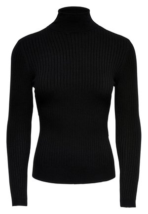 Črna rebrasta pulover s turtleneck ovratnikom, dolgimi rokavi, prilega se telesu in ima gladko teksturo. Ima visok ovratnik in manšete na rokavih.