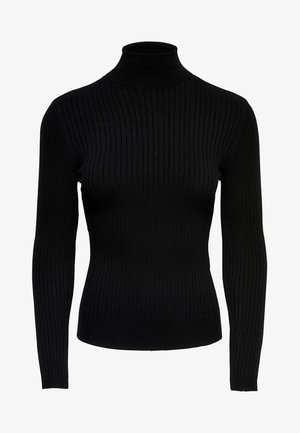 Juodas raukinys megztinis su aukštu kaklu, ilgomis rankovėmis, prigludusia siluetu ir glotnia tekstūra. Ypatybės: aukštas kaklas ir sujuostytos rankovės.