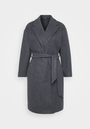 Grey wool wrap coat with a belt, oversized lapels, and long sleeves; smooth texture and straight silhouette; knee-length.