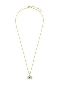 Goudkleurige ketting met een oogvormige hanger, versierd met sprankelende rhinestones en een blauwe detail in het midden. De ketting heeft een verstelbare lengte.