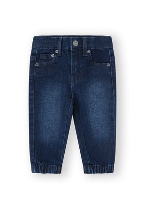 Vaqueros para niño pequeño de color azul oscuro con puños elásticos, botón delantero, trabillas para cinturón y estilo de cinco bolsillos.