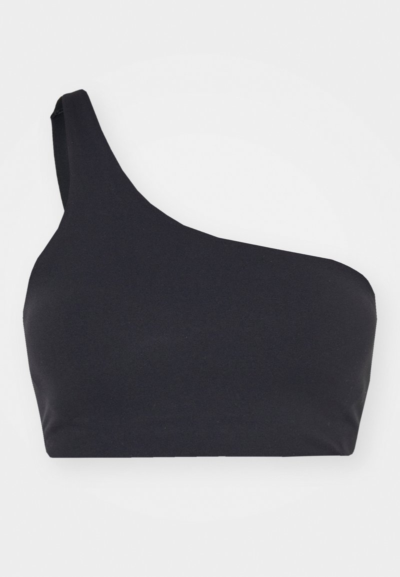 Bralette nera a spalla unica realizzata in tessuto morbido, con un design minimalista e una silhouette pulita e moderna, completa di una banda elastica.