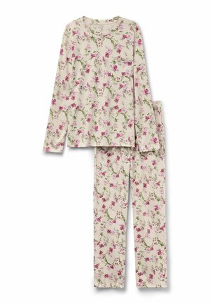 Krémový pyžamový komplet s dlouhým rukávem s růžovým a zeleným květinovým potiskem, který zahrnuje horní část s kapsou na prsou a odpovídající kalhoty.