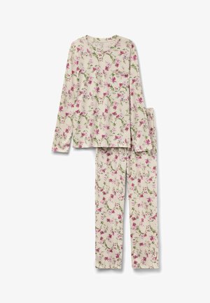 Krémový pyžamový komplet s dlouhým rukávem s růžovým a zeleným květinovým potiskem, který zahrnuje horní část s kapsou na prsou a odpovídající kalhoty.