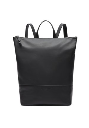 Schwarzer Leder-Rucksack mit minimalistischem Design, ausgestattet mit zwei stabilen Schulterriemen und einem Reißverschluss oben. Glatte Textur, keine sichtbaren Muster.