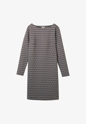 Robe à manches longues avec un motif géométrique, dotée d'un col carré, confectionnée en tissu doux dans des tons bleu marine, rose poudré et crème.