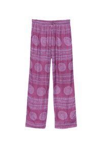 Lichte, paarse broek met witte spiraal- en cirkelpatronen. Voorzien van een elastische tailleband en een ontspannen pasvorm voor comfort.