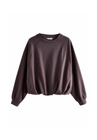 Übergrößen-Pullover-Sweatshirt aus tiefem Mauve-Stoff. Mit Raglansleifen, einem runden Ausschnitt und einem gerafften Saum für eine lockere Passform.