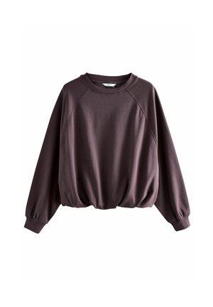 Oversized, pullover sweatshirt in deep mauve fabric. Features raglan sleeves, a round neckline, and a gathered hemline for a relaxed fit.