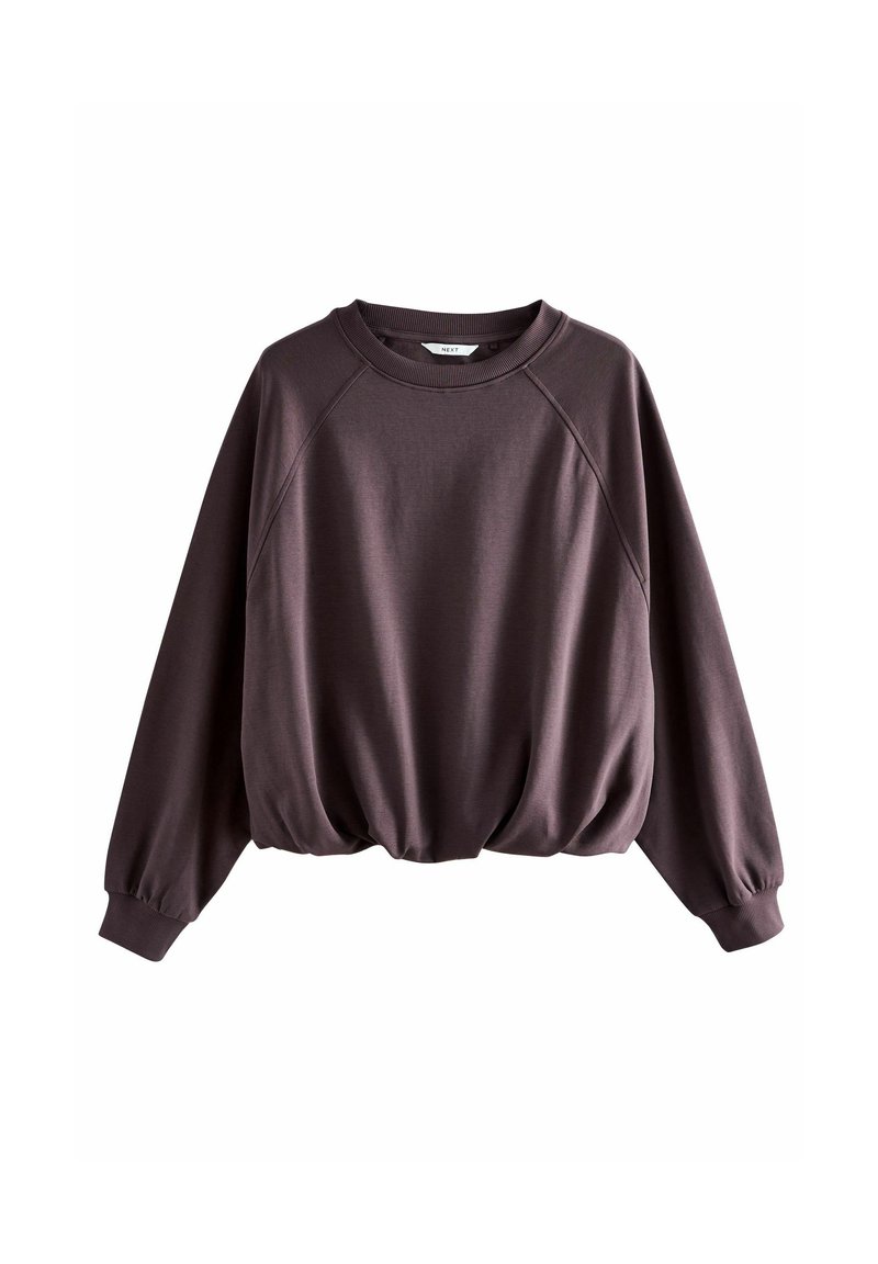 Übergrößen-Pullover-Sweatshirt aus tiefem Mauve-Stoff. Mit Raglansleifen, einem runden Ausschnitt und einem gerafften Saum für eine lockere Passform.