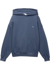 Sweat à capuche bleu à manches longues, poche kangourou et petit logo blanc brodé sur la poitrine.