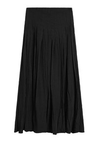 Black maxi skirt made from lightweight fabric featuring pleats that flow down from the waistband, creating a full silhouette.