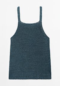 Débardeur en maille vert sarcelle foncé, avec des bretelles fines et une coupe décontractée. Texture lisse, détails de couture minimaux le long des bords.