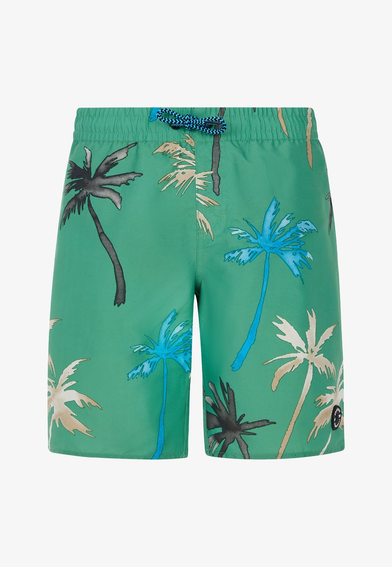 Zelene kupaće gaće s uzorkom palmi u plavoj, crnoj i bež boji. Elastična waistband s zatvaranjem na vezanje. Lagani materijal.
