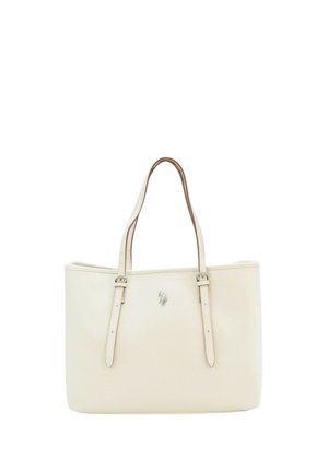 Borsa tote in pelle color crema con due cinghie regolabili e un piccolo emblema con logo argentato al centro sul davanti.