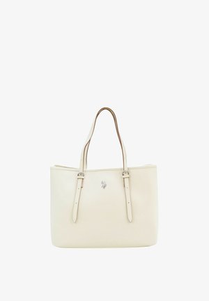 Borsa tote in pelle color crema con due cinghie regolabili e un piccolo emblema con logo argentato al centro sul davanti.